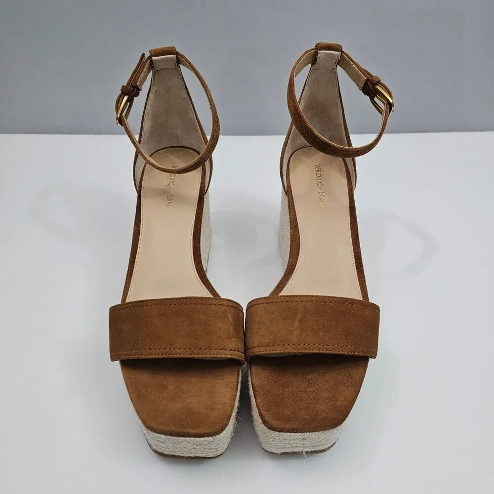 Veronica Beard Gianna Espadrille Wedge Sandal 10 Brown Suede Ankle Strap NEW